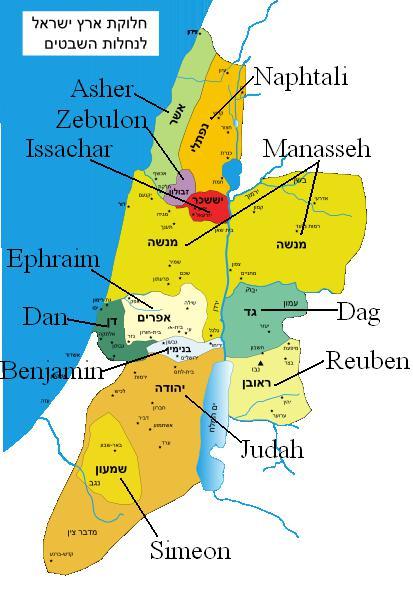 根据《圣经》绘制的以色列十二支派领地示意图